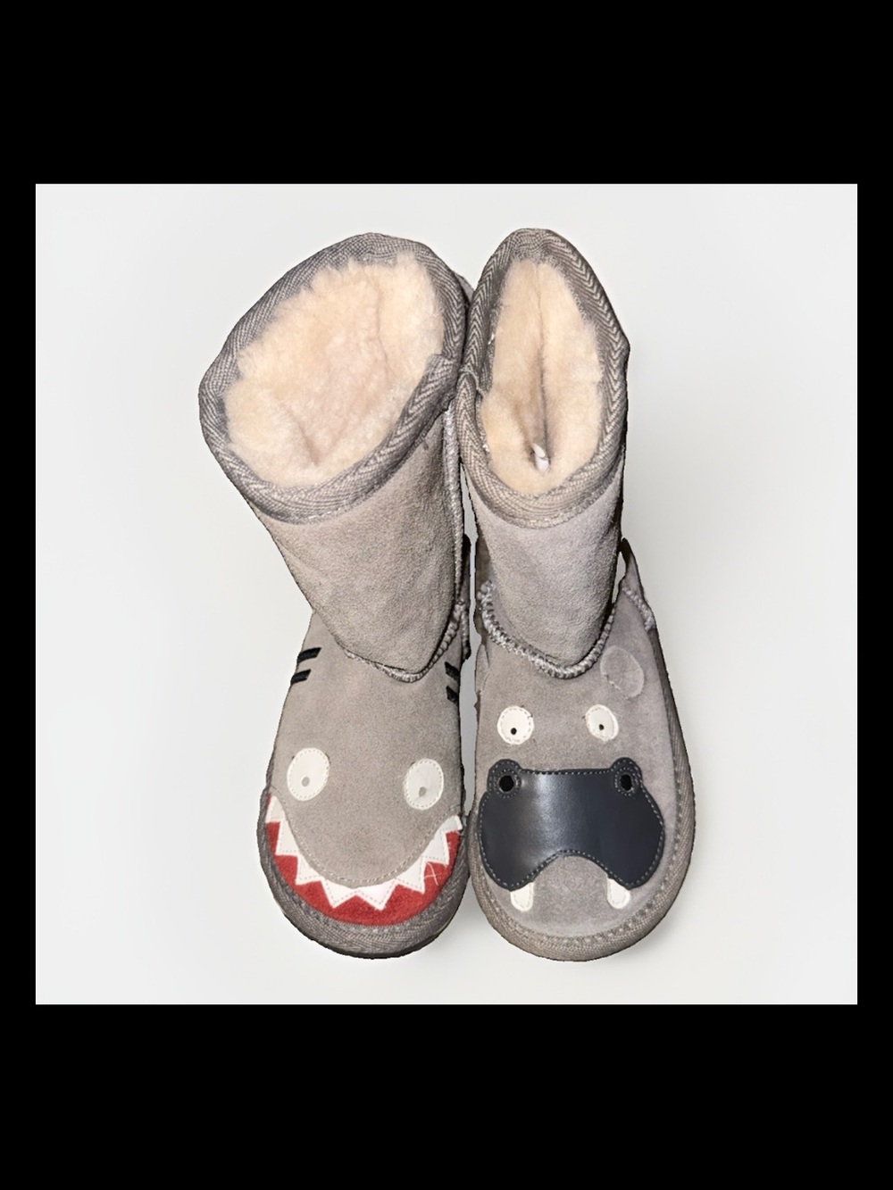 Emu Kids Gray Animal Face Shearling-Lined Boots with Red Accent